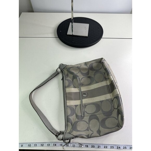 DAMAGED Coach Signature C Monogram Medium Tote Gray White Stripe Down Middle - Picture 5 of 15